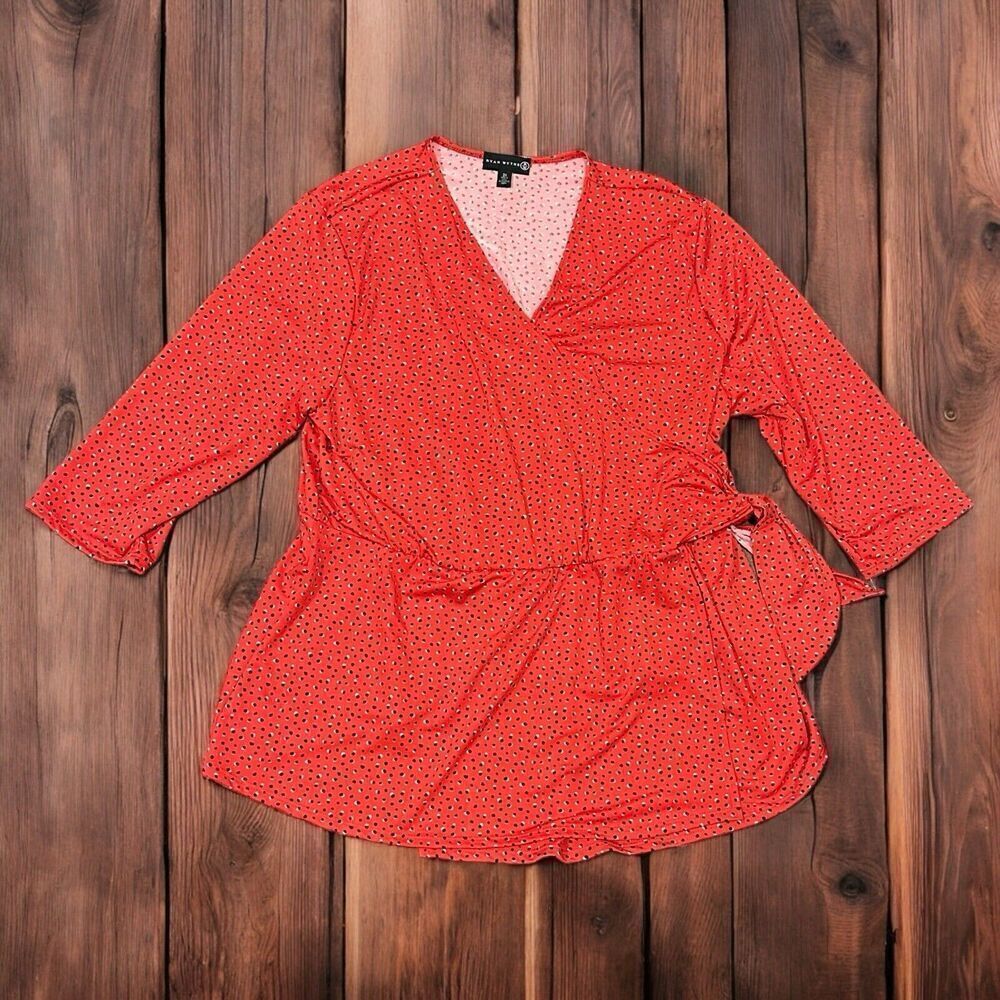 NWT Ryan Wythe Plus Size 2X Wrap Shirt Blouse Red Black Polka Dot Career Work
